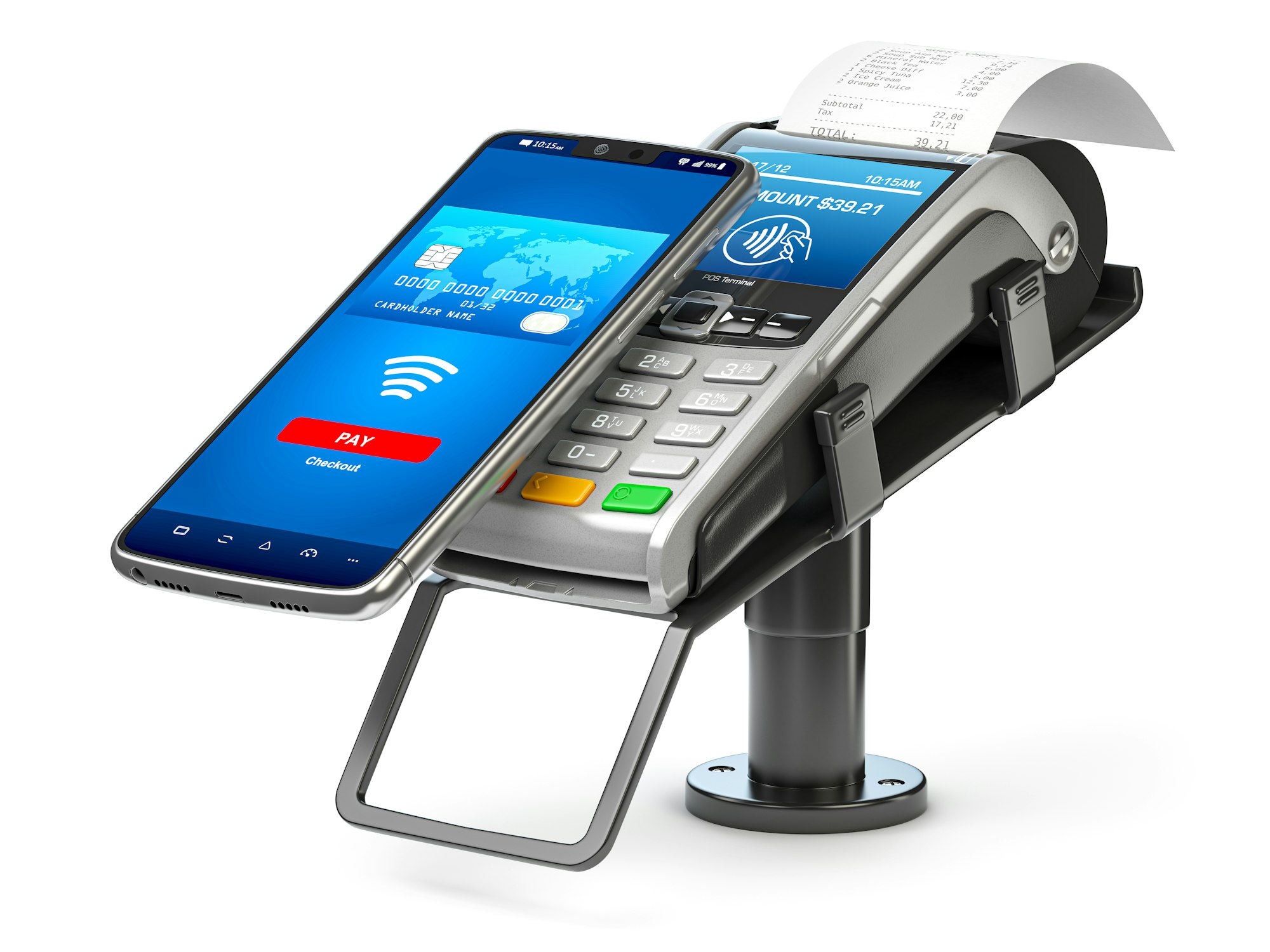 Contactless payment with smart phone. POS terminal with NFC mobile phone isolated on white.